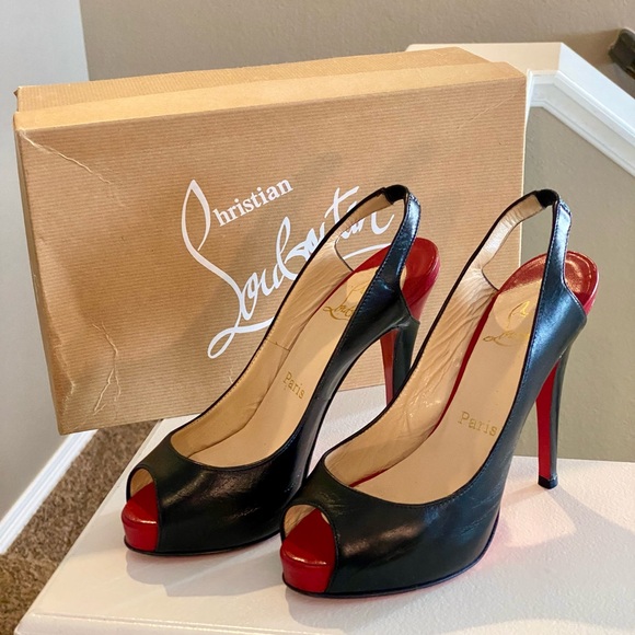 🔥 Christian Louboutin Black Leather Platform Peep Toe Heels Pumps Shoes 🔥 - Picture 5 of 10